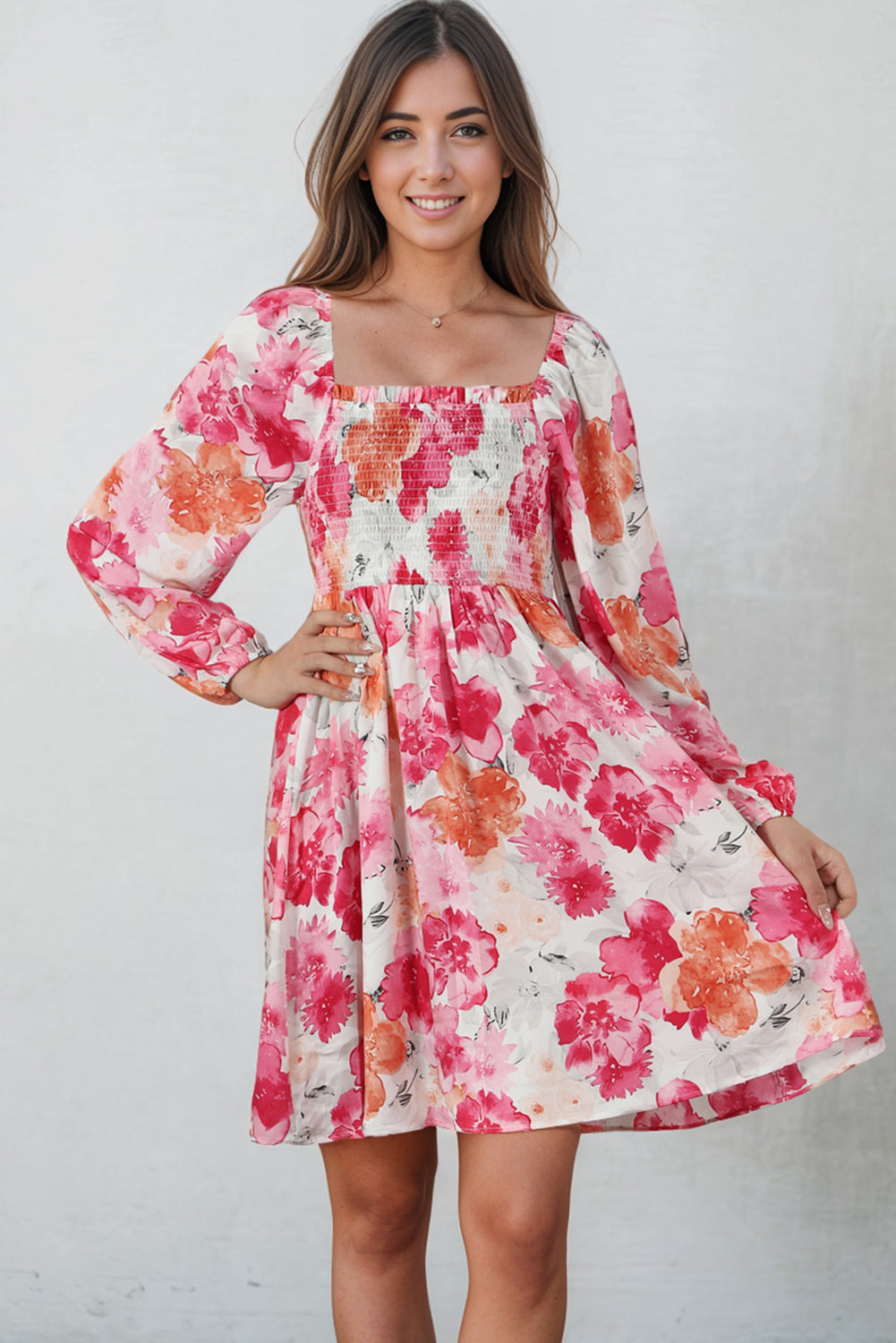 Floral Smocked Square Neck Long Sleeve Dress-Angel Casuals