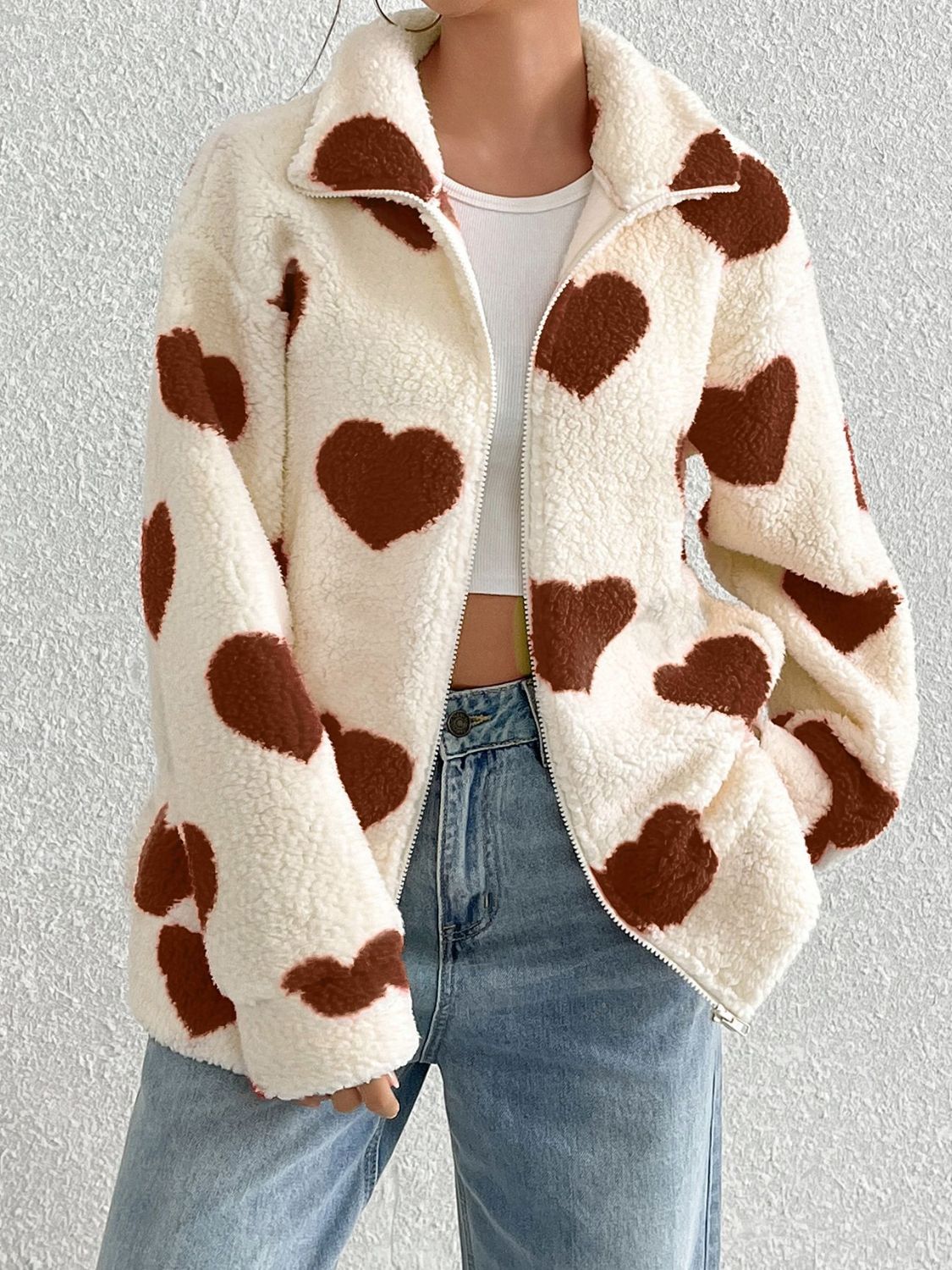 Heart Zip Up Drop Shoulder Furry Jacket-Angel Casuals