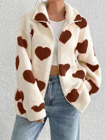 Heart Zip Up Drop Shoulder Furry Jacket-Angel Casuals