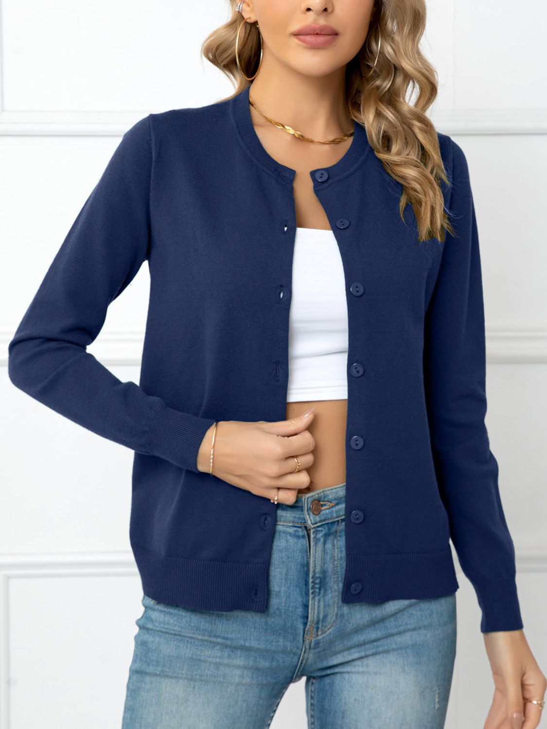 Button Down Round Neck Cardigan-Angel Casuals