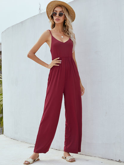 Adjustable Spaghetti Strap Jumpsuit with Pockets-Angel Casuals