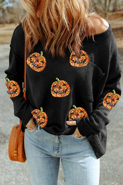 Pumpkin Round Neck Long Sleeve Knit Top-Angel Casuals