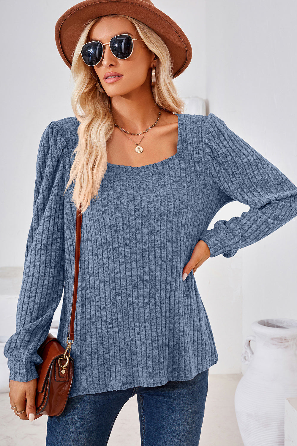 Ribbed Square Neck Long Sleeve T-Shirt-Angel Casuals