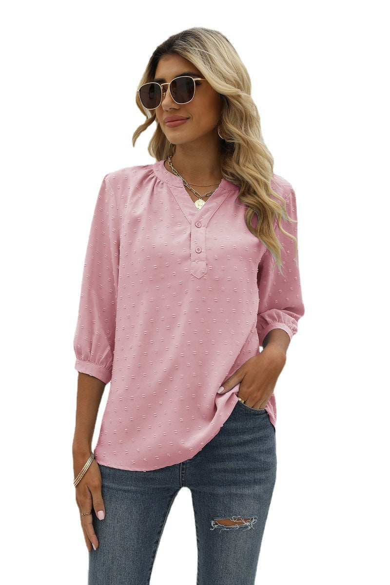 Swiss Dot Notched Neck Three-Quarter Sleeve Blouse-Angel Casuals