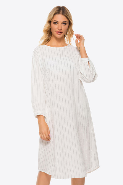 Pinstripe Tie Waist Round Neck Dress-Angel Casuals