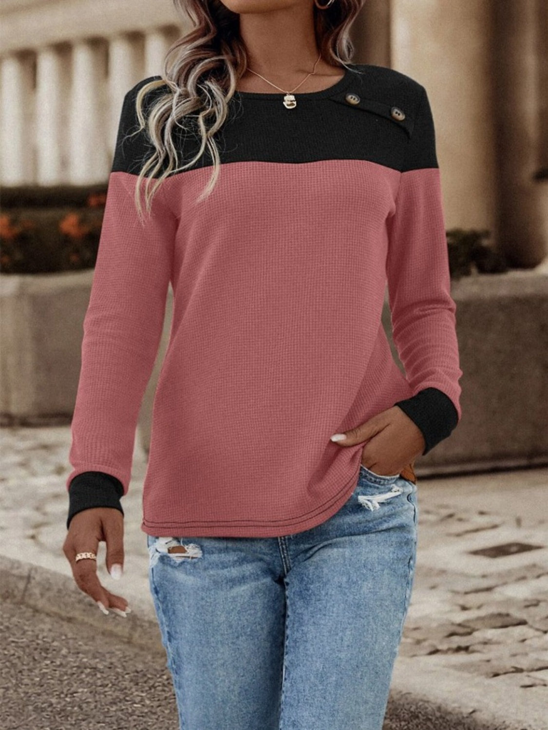 Contrast Buttoned Round Neck Long Sleeve T-Shirt-Angel Casuals