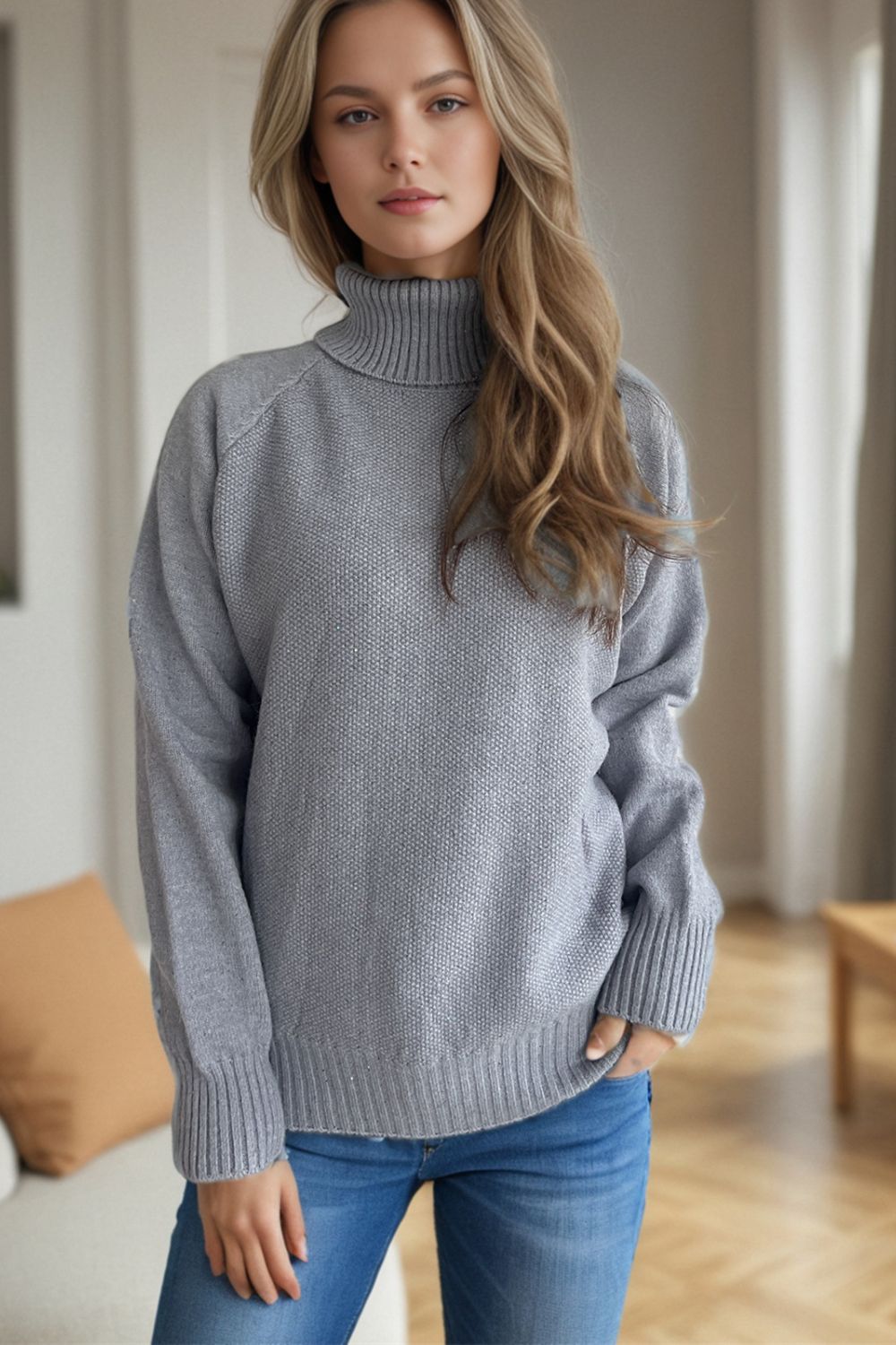 Ribbed Turtleneck Raglan Sleeve Sweater-Angel Casuals