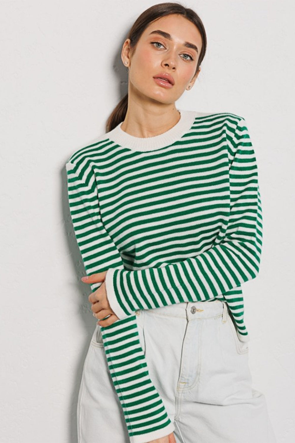 Striped Round Neck Long Sleeve Sweater-Angel Casuals