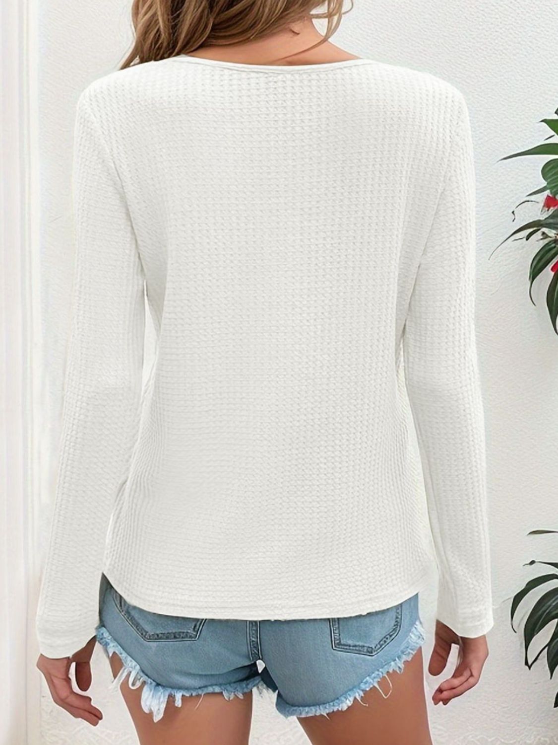 Waffle-Knit V-Neck Long Sleeve Top-Angel Casuals