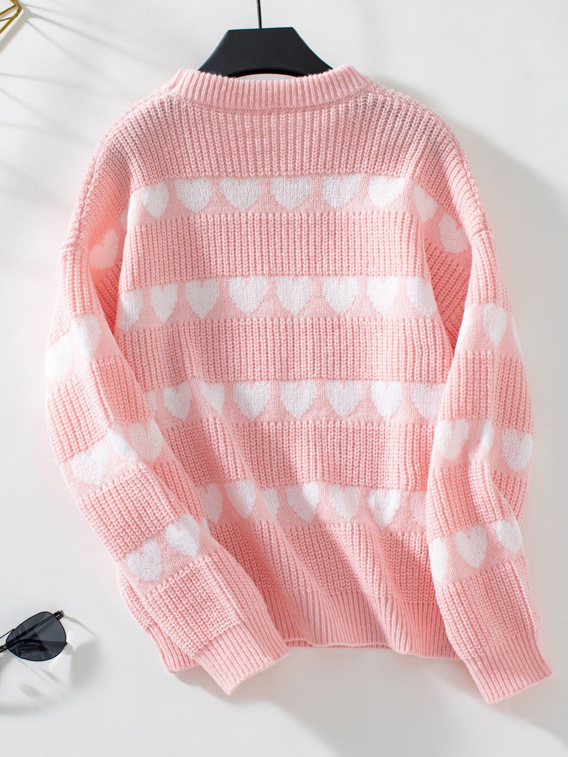 Heart Round Neck Dropped Shoulder Sweater-Angel Casuals