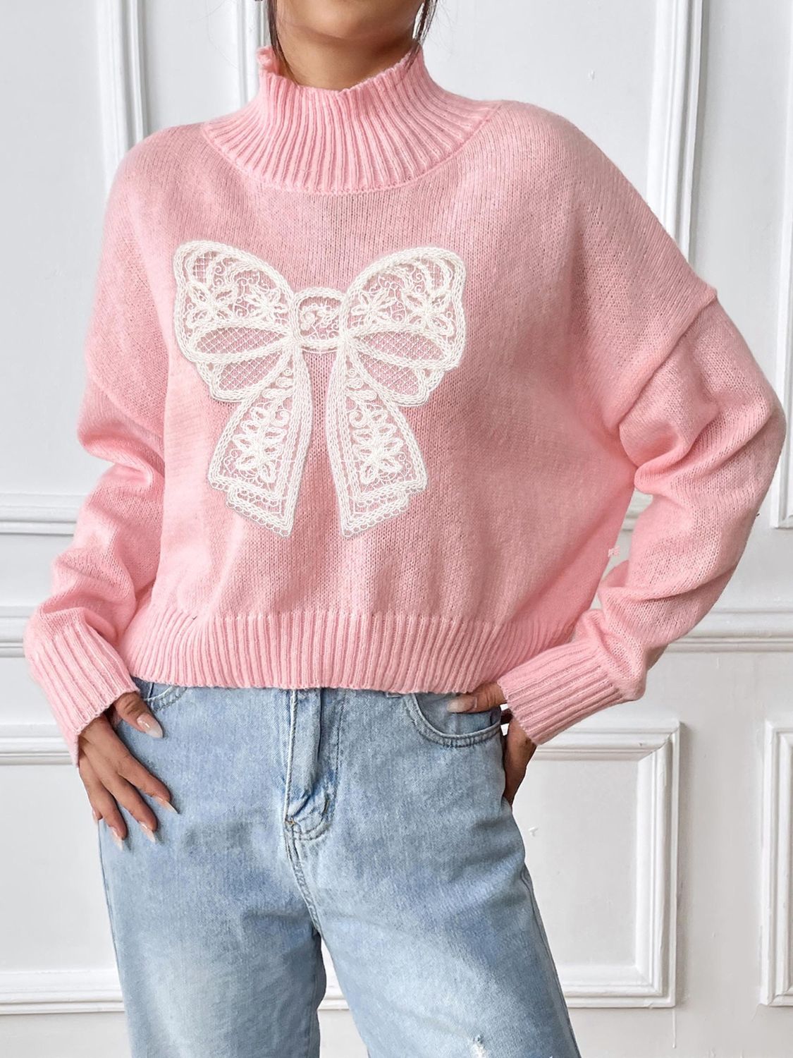 Bow Turtleneck Long Sleeve Sweater-Angel Casuals