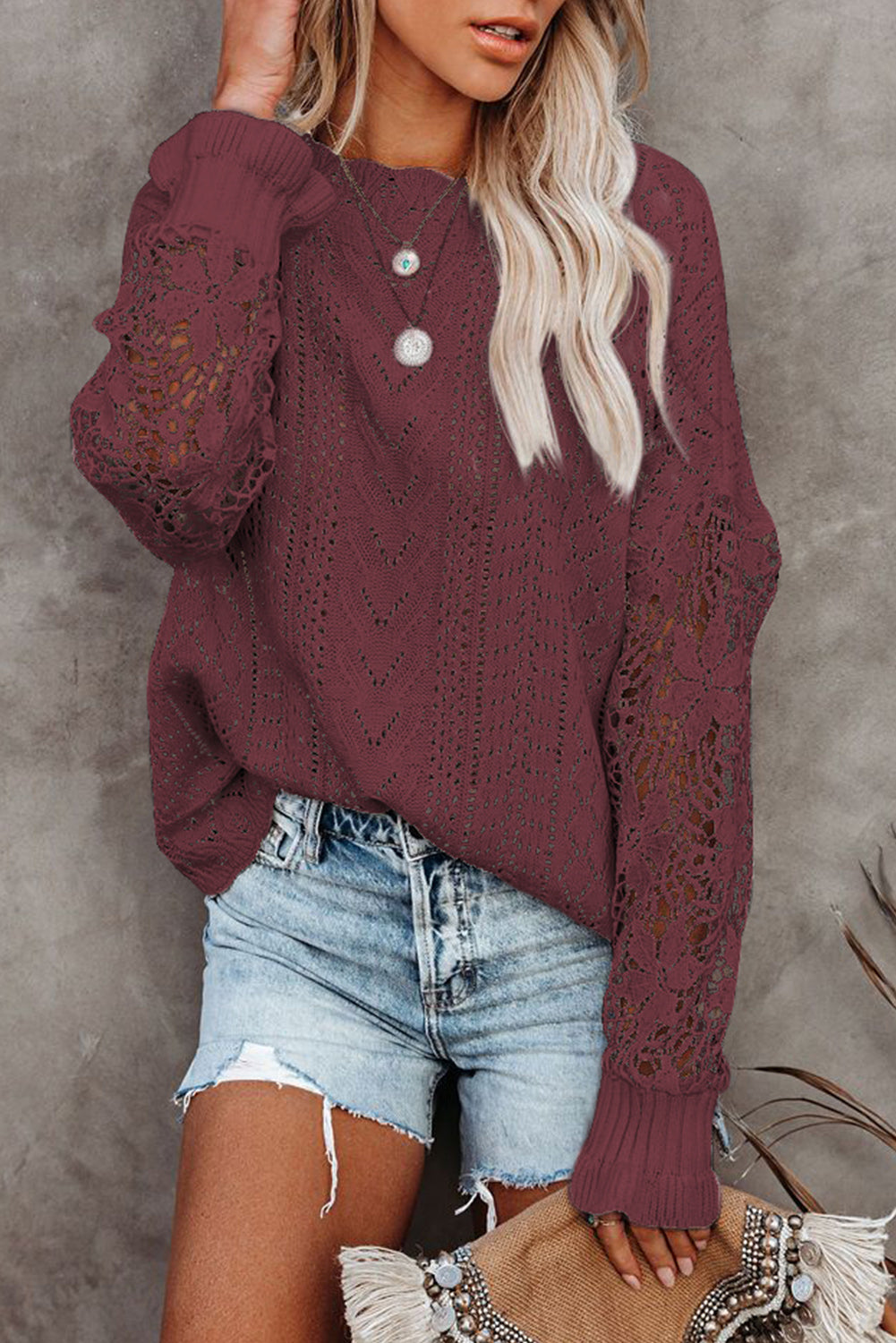 Openwork Lantern Sleeve Dropped Shoulder Sweater-Angel Casuals