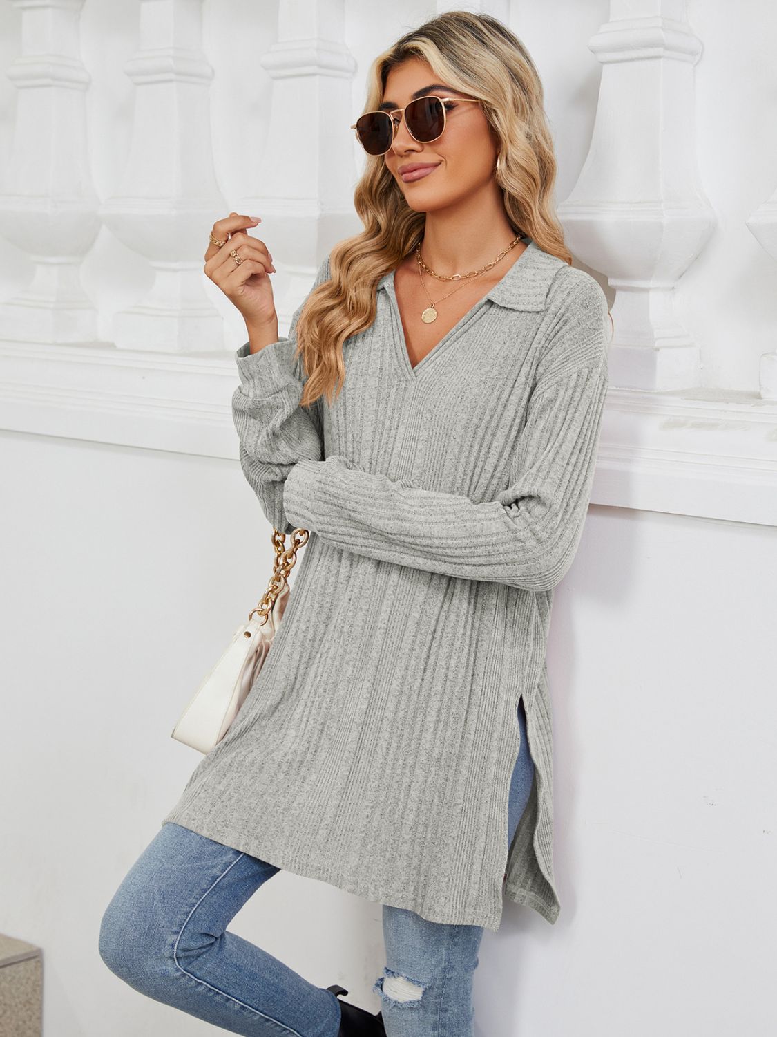 Slit Johnny Collar Long Sleeve T-Shirt-Angel Casuals