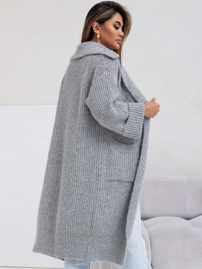 Pocketed Collared Neck Dropped Shoulder Cardigan-Angel Casuals