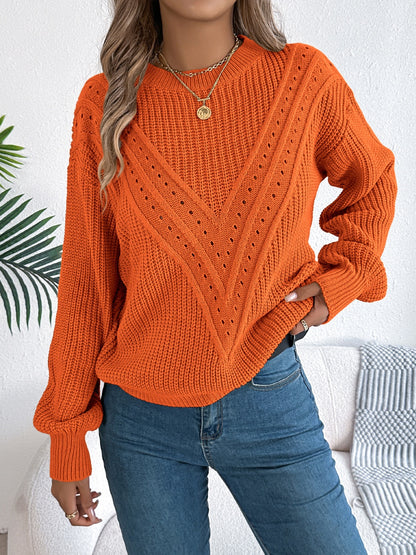 Openwork Round Neck Long Sleeve Sweater-Angel Casuals