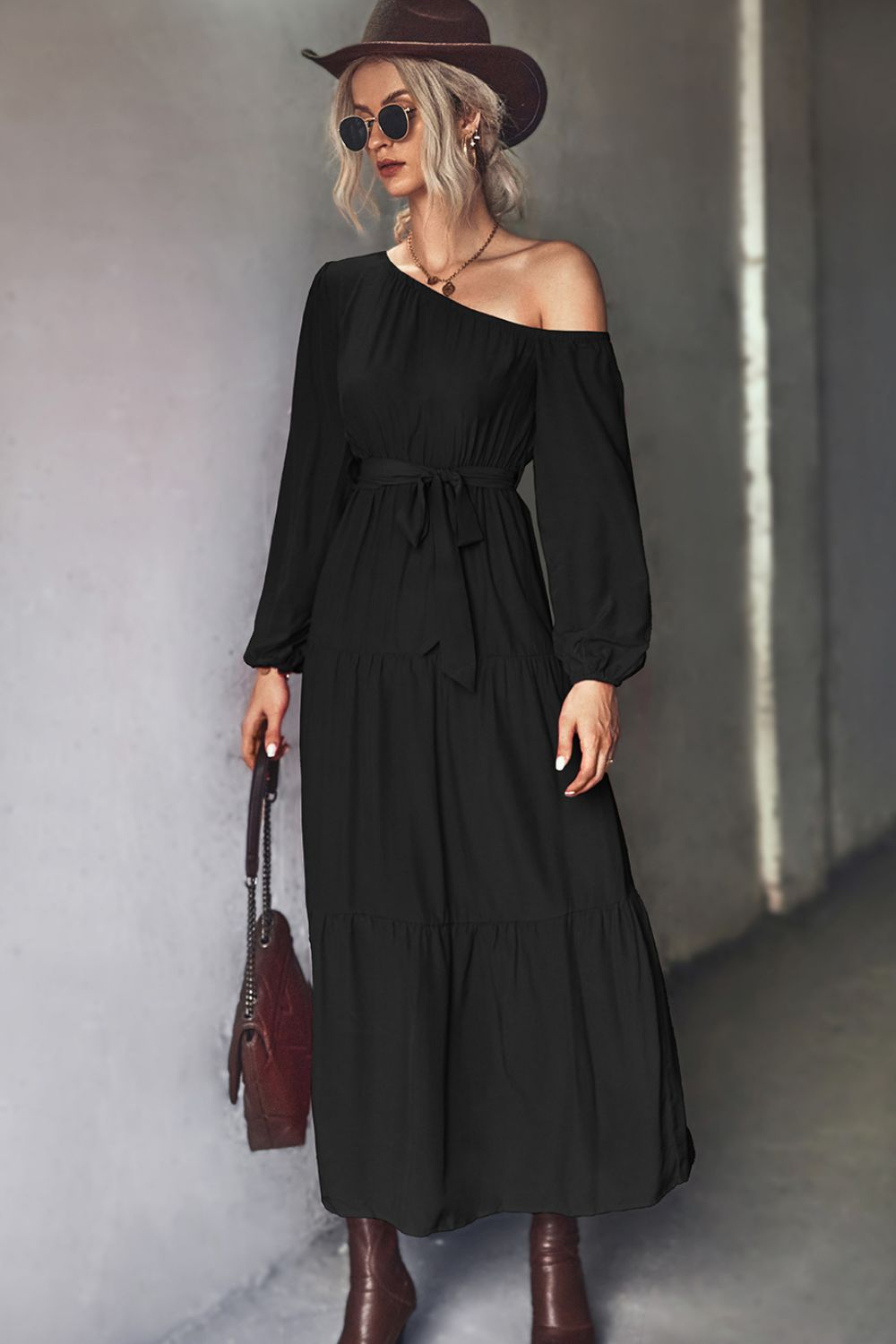 Belted One-Shoulder Tiered Maxi Dress-Angel Casuals