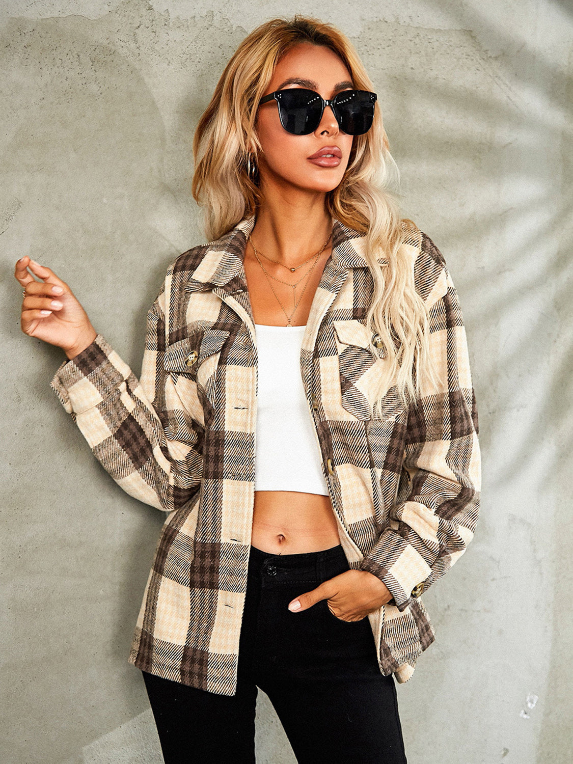 Plaid Button Down Collared Jacket-Angel Casuals