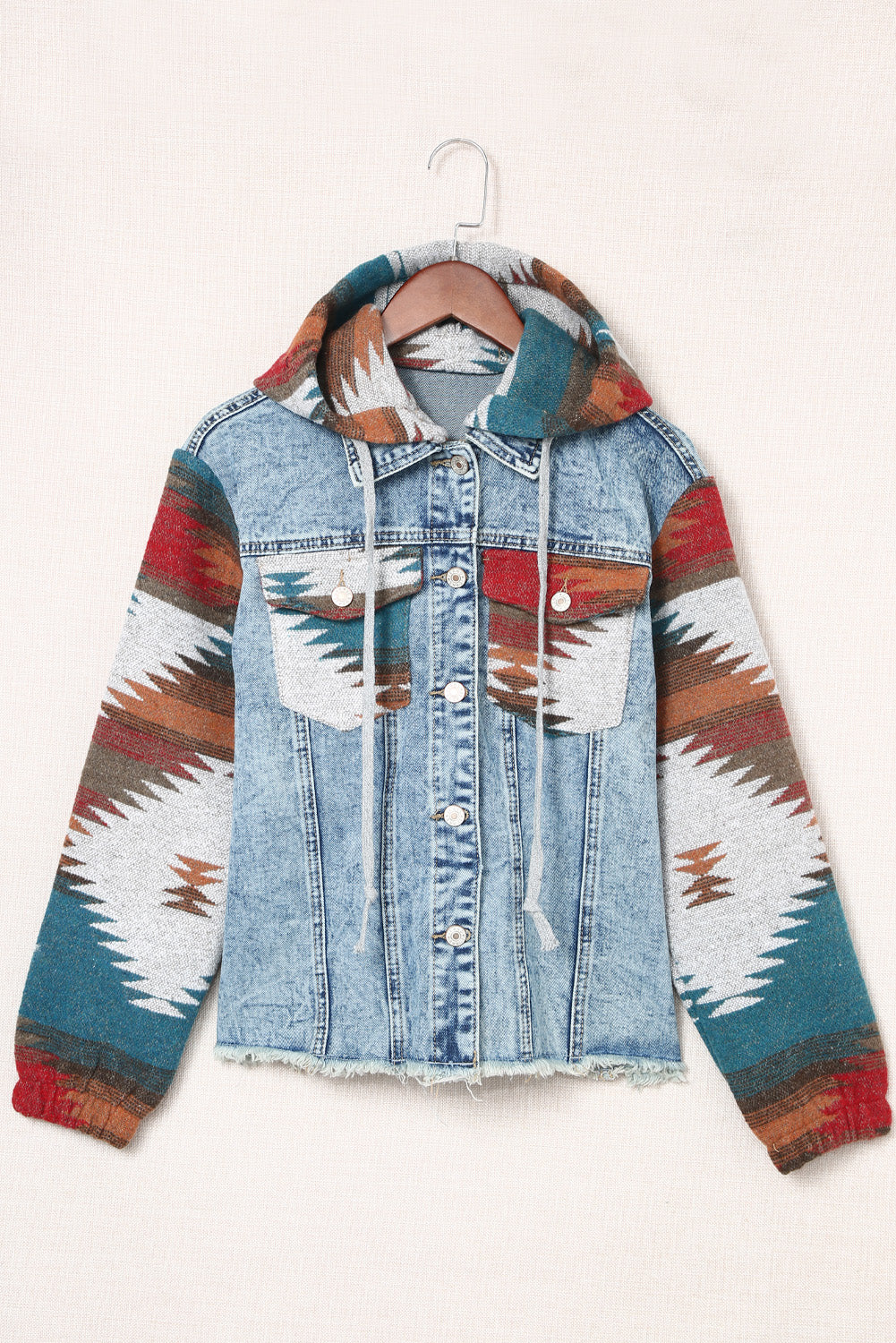 Drawstring Hooded Pocketed Denim Jacket-Angel Casuals
