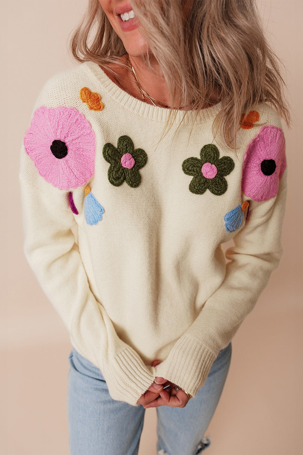 Crochet Flower Round Neck Dropped Shoulder Sweater-Angel Casuals