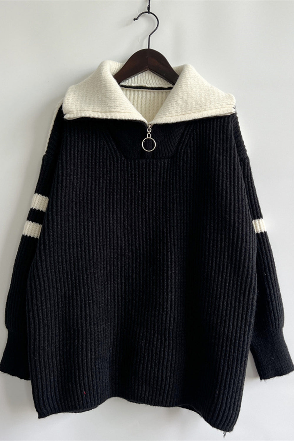 Quarter Zip Striped Dropped Shoulder Sweater-Angel Casuals