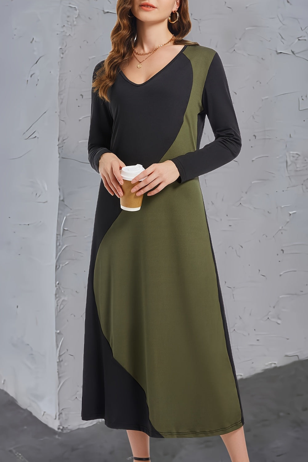 Contrast Long Sleeve Midi Dress-Angel Casuals