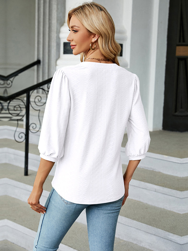 Notched Neck Three-Quarter Sleeve Blouse-Angel Casuals