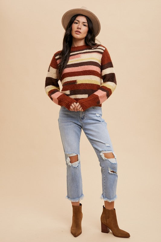 Annie Wear Color Block Round Neck Long Sleeve Sweater-Angel Casuals