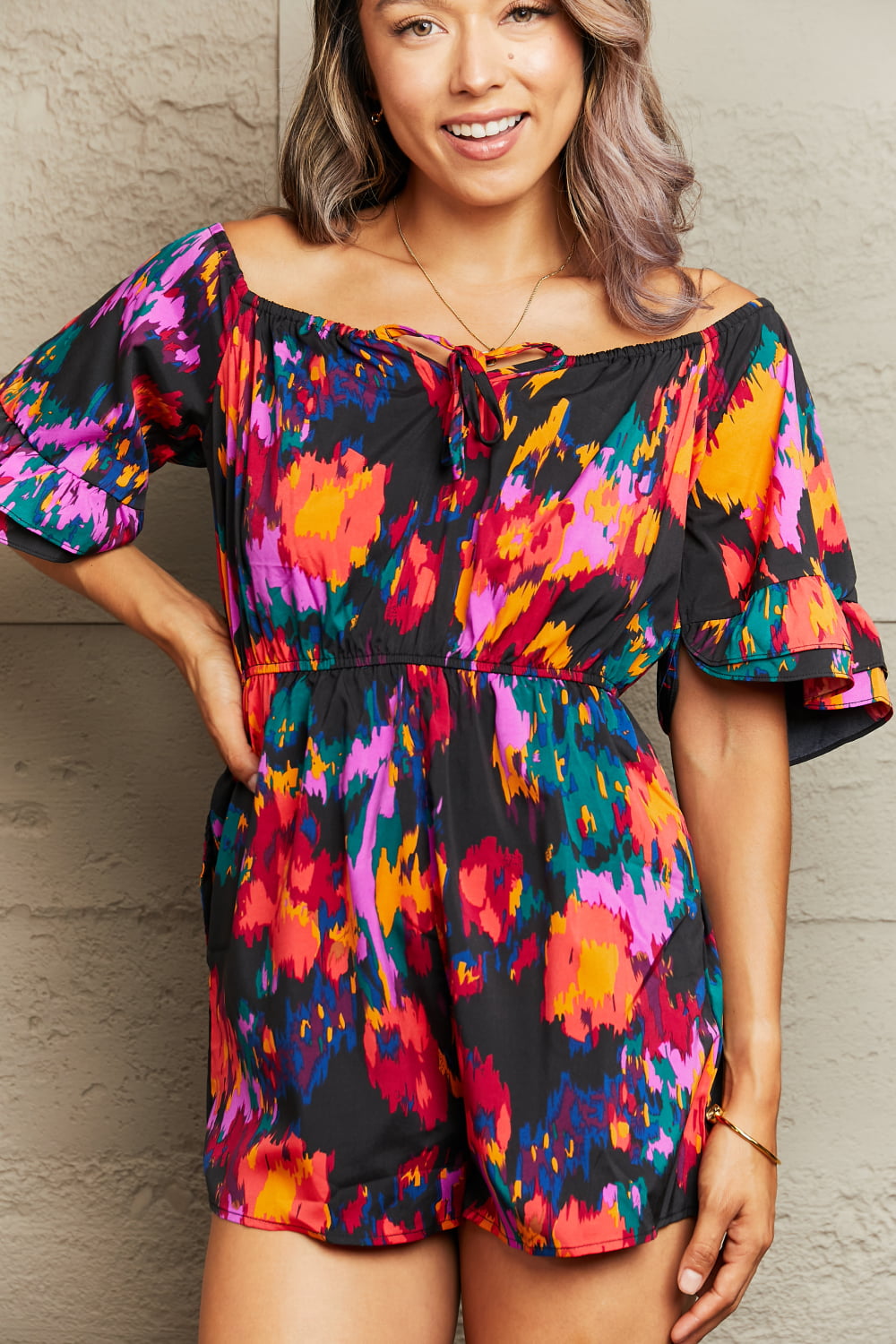 Printed Tied Flounce Sleeve Romper-Angel Casuals