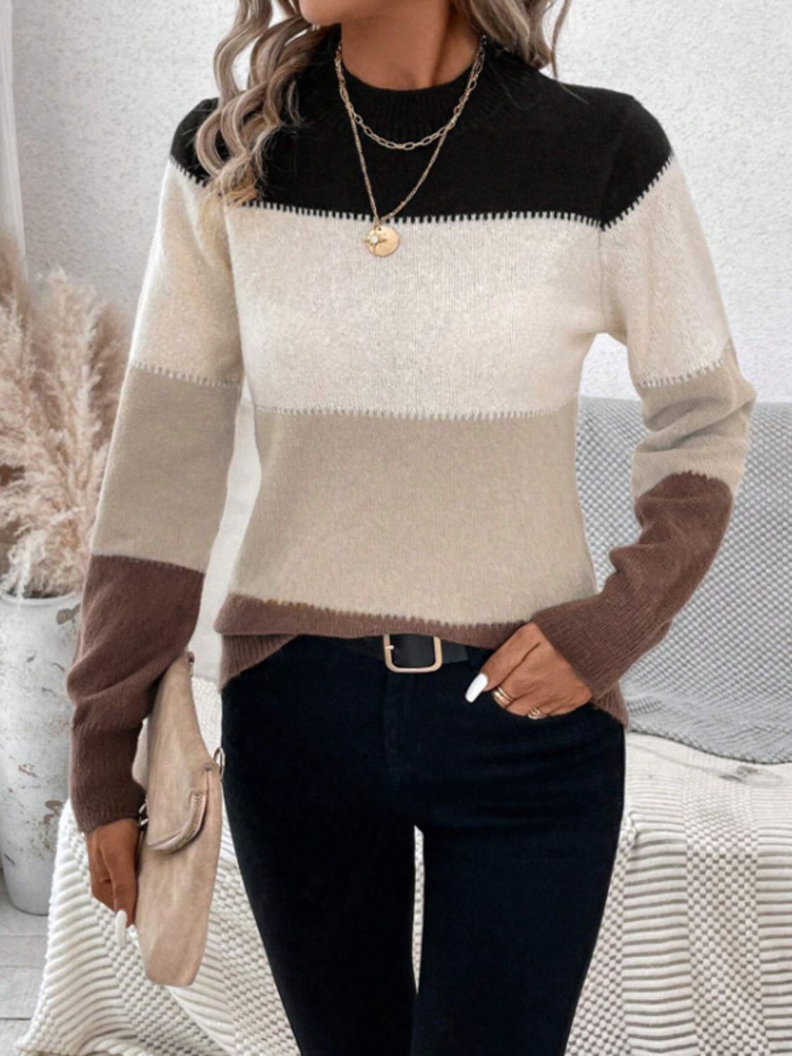 Color Block Mock Neck Long Sleeve Sweater-Angel Casuals