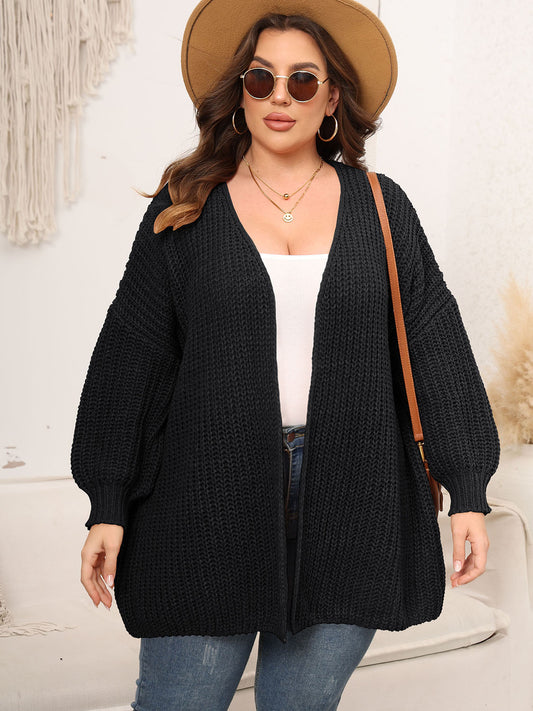 Plus Size Open Front Dropped Shoulder Knit Cardigan-Angel Casuals