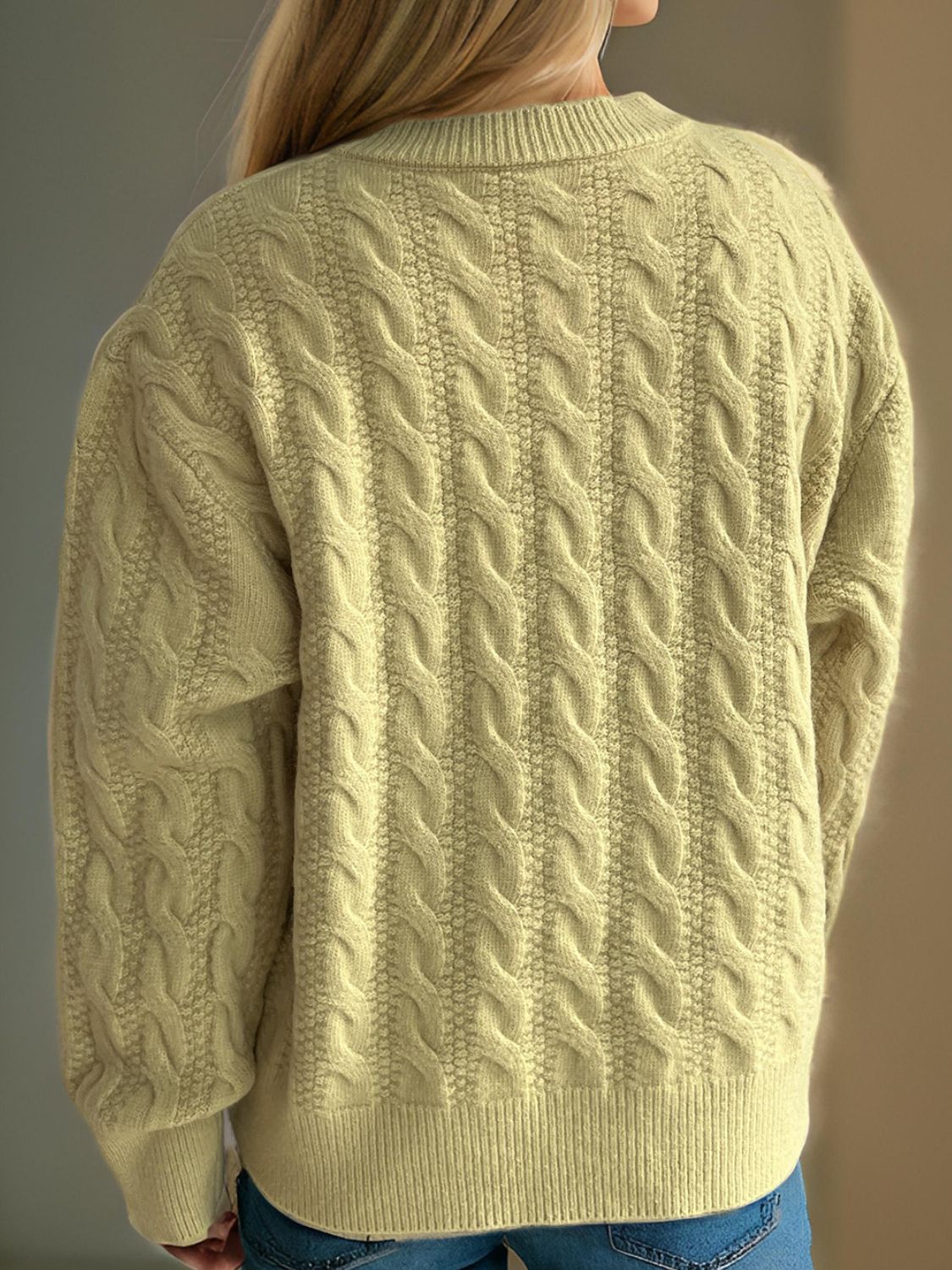 Cable-Knit Round Neck Long Sleeve Cardigan-Angel Casuals