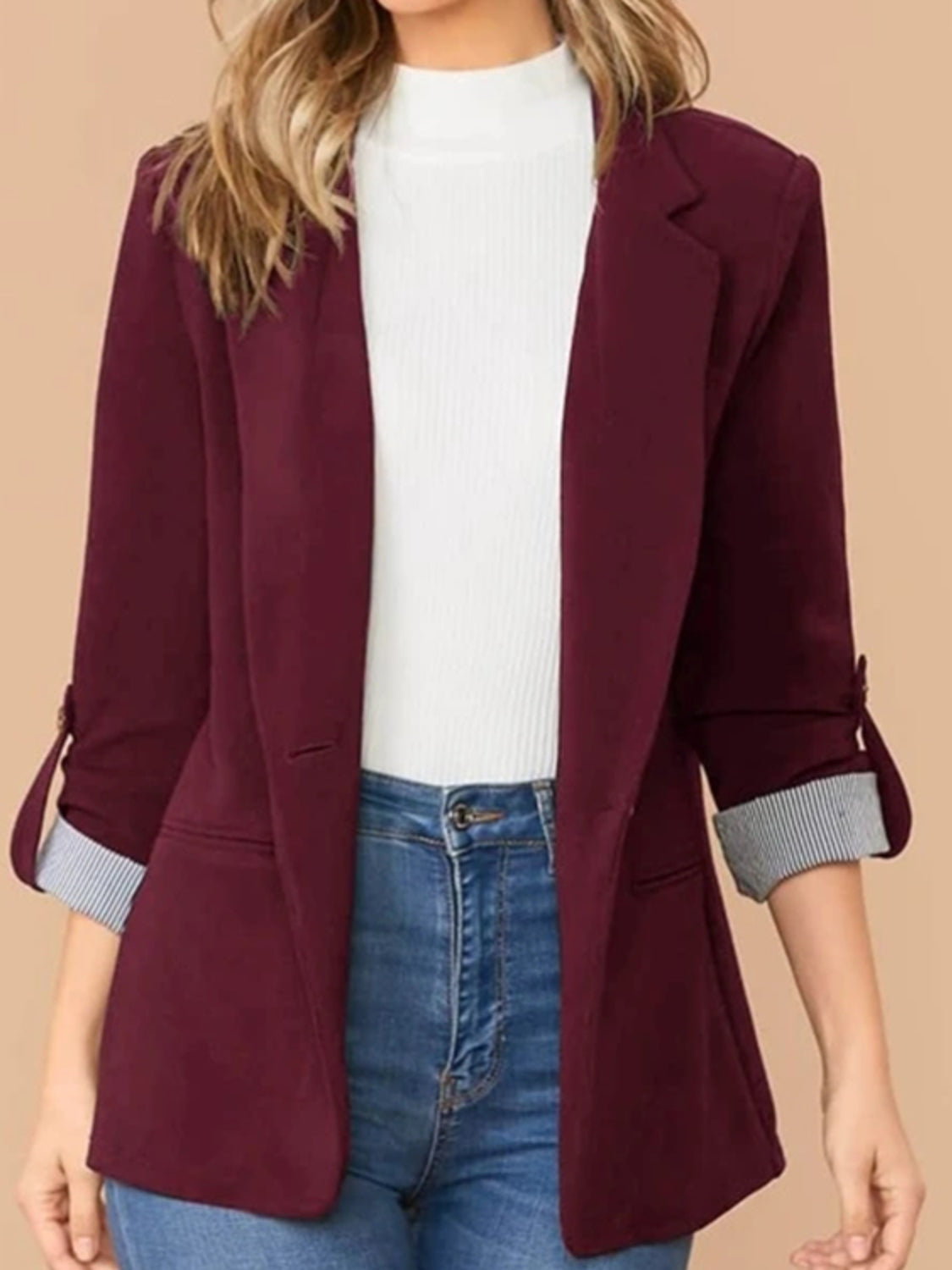 Lapel Collar Roll-Tab Sleeve Blazer-Angel Casuals