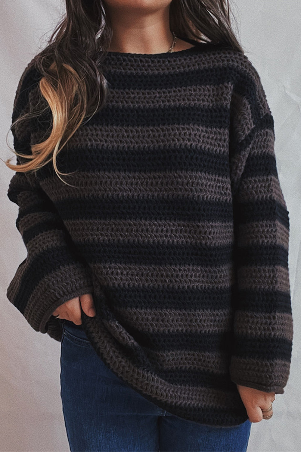 Striped Round Neck Dropped Shoulder Sweater-Angel Casuals