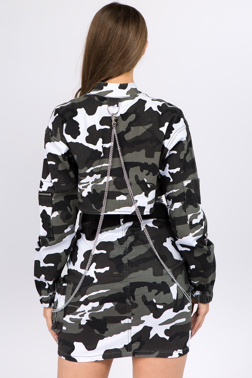 American Bazi Camouflage Cropped Jacket with Chains-Angel Casuals