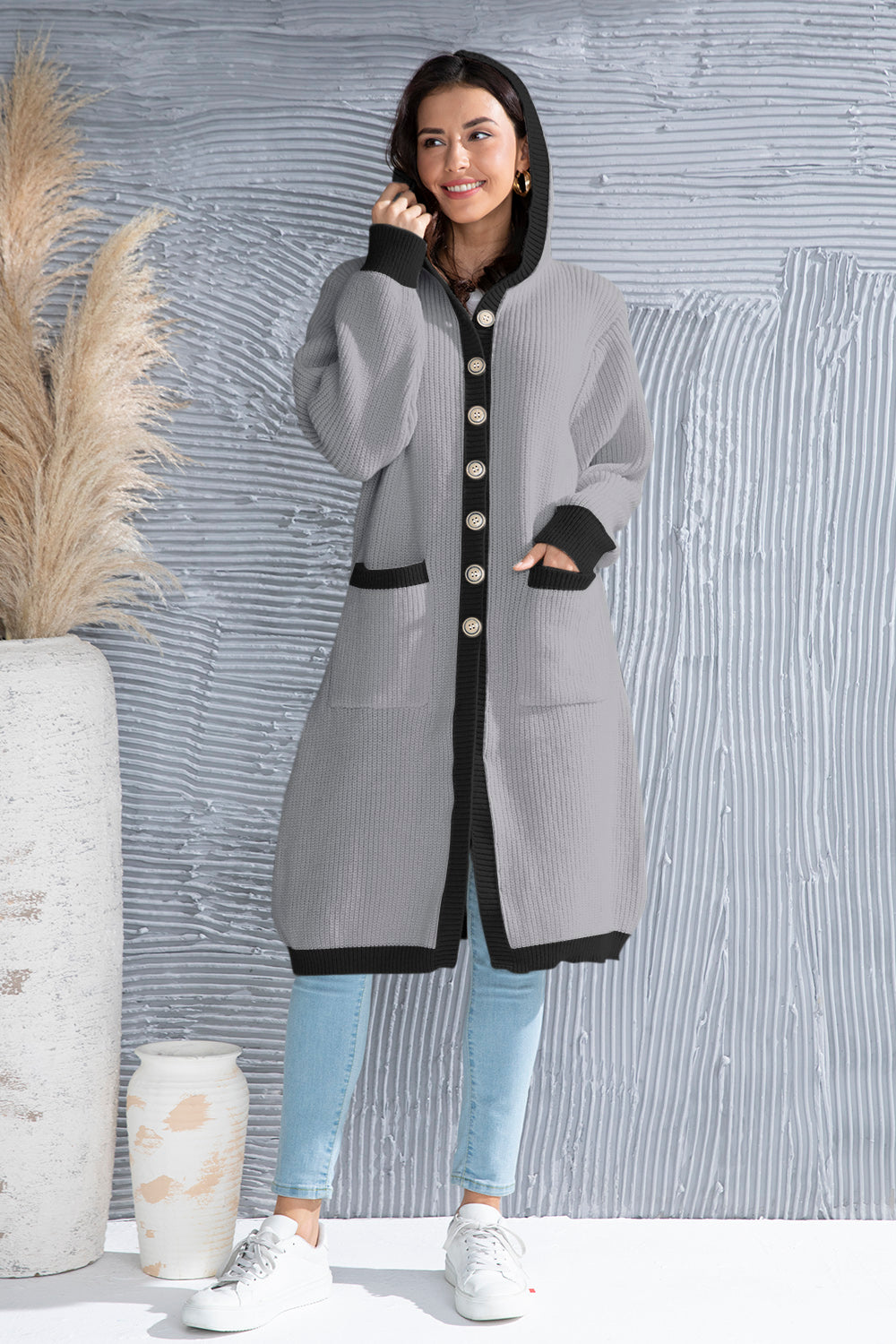 Button Up Contrast Trim Hooded Cardigan-Angel Casuals