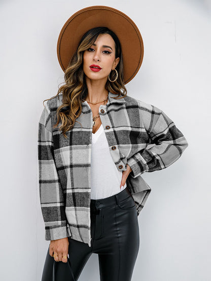 Plaid Button Up Collared Neck Jacket-Angel Casuals