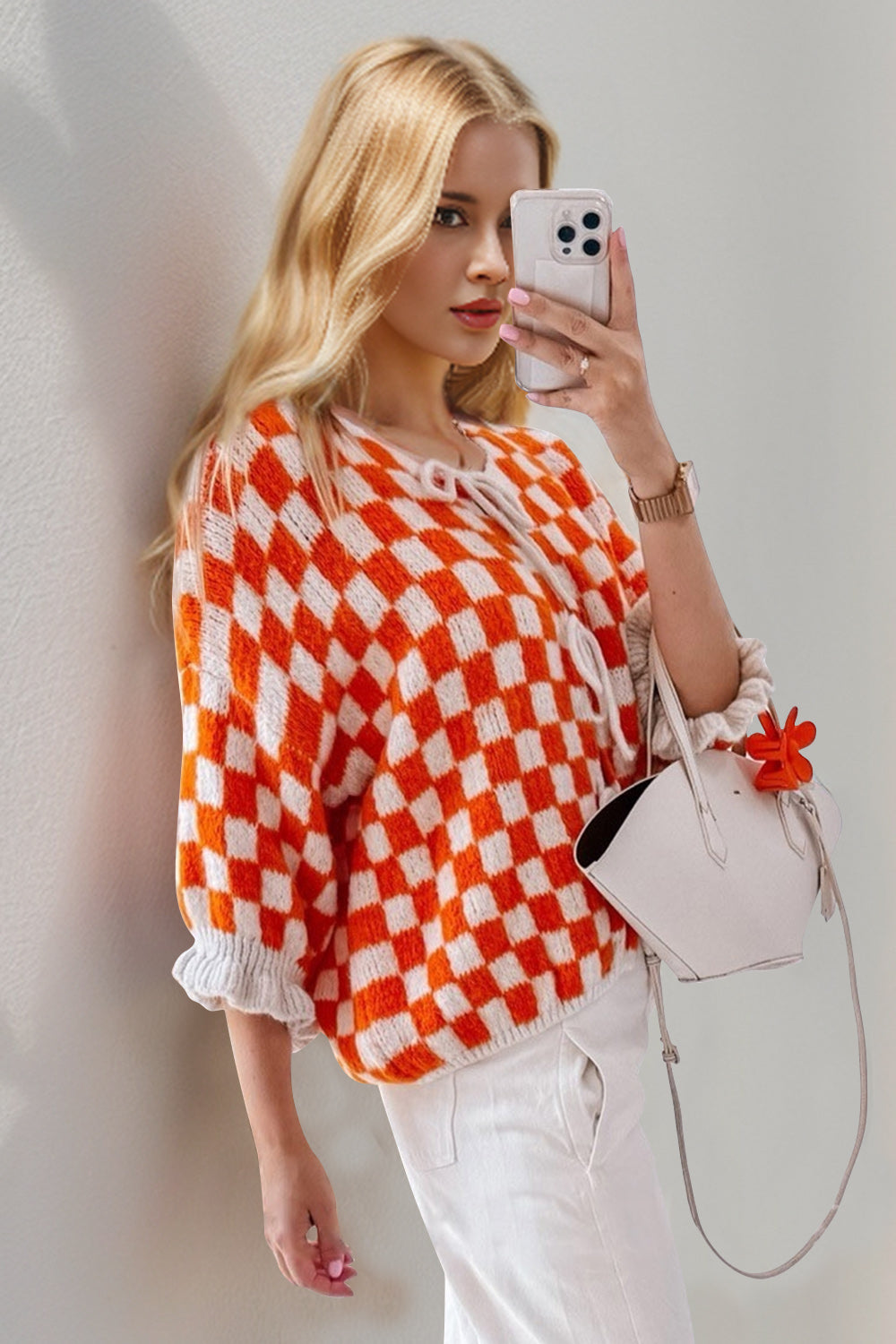 Double Take Tied Checkered Dropped Shoulder Flounce Sleeve Cardigan-Angel Casuals