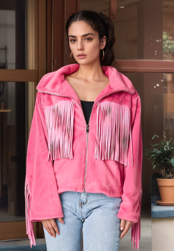 Fringed Zip Up Fleece Jacket-Angel Casuals