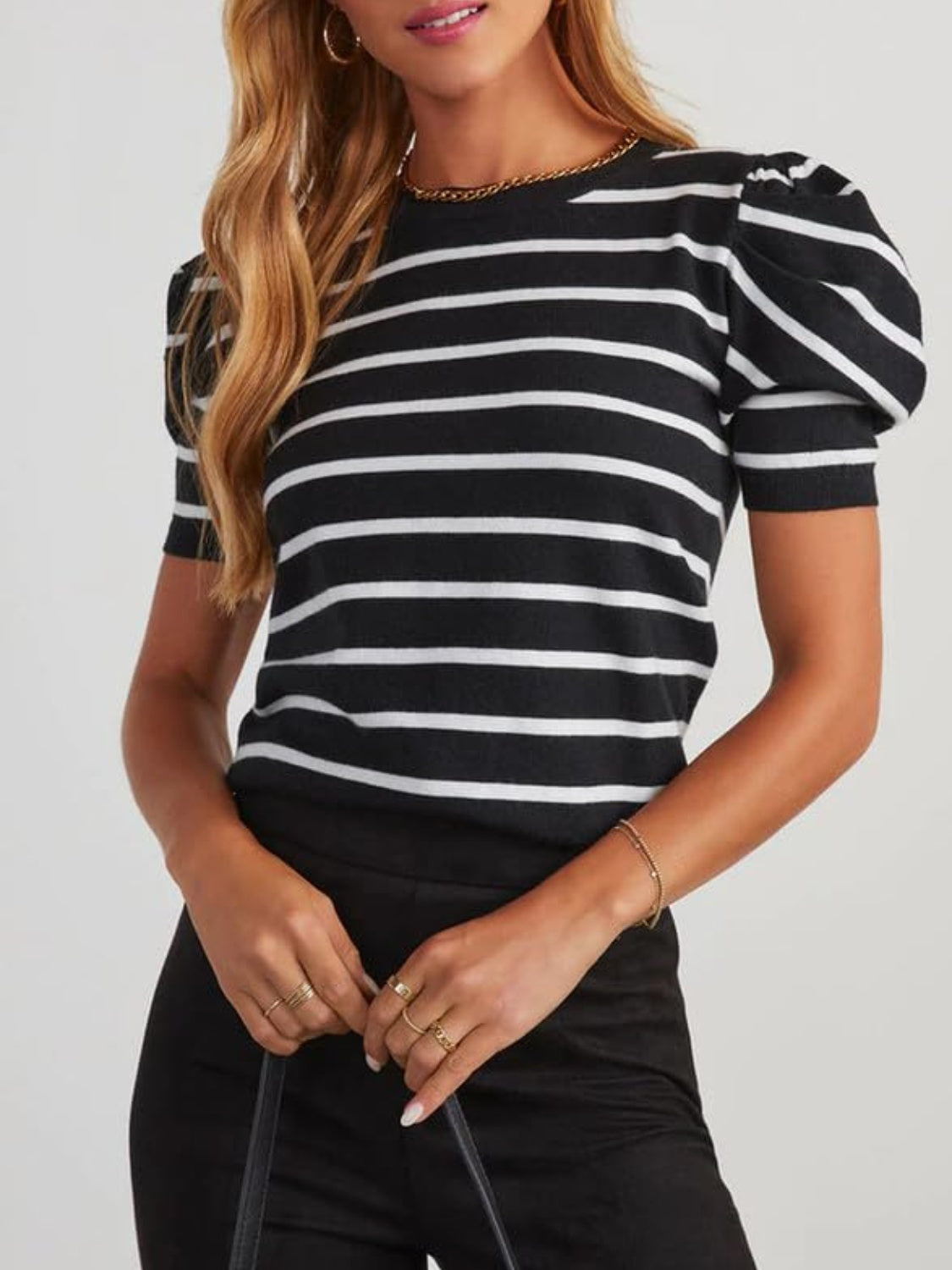 Striped Round Neck Puff Sleeve Knit Top-Angel Casuals