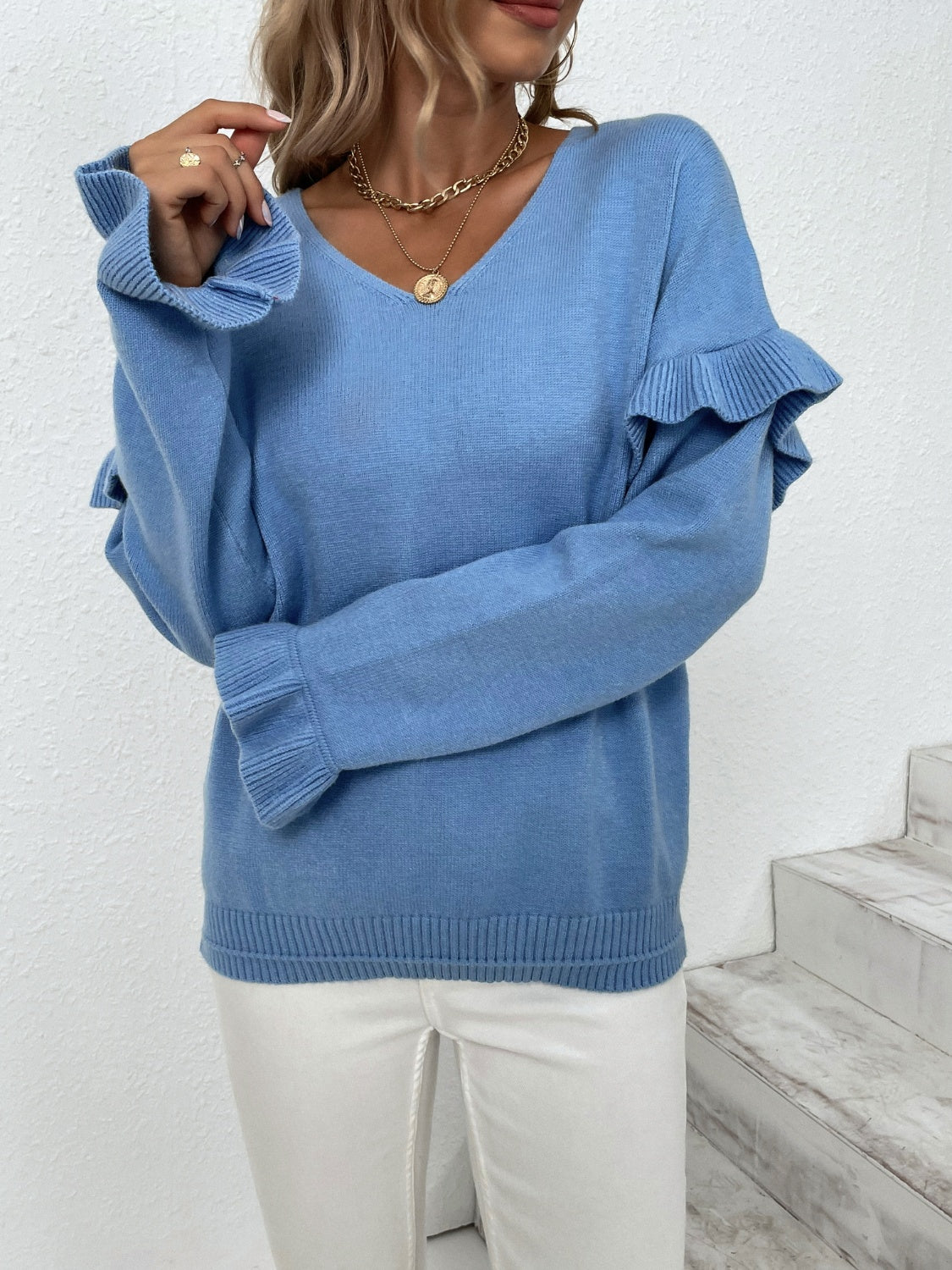 Ruffled V-Neck Dropped Shoulder Sweater-Angel Casuals