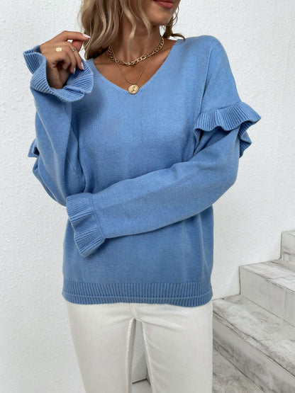 Ruffled V-Neck Dropped Shoulder Sweater-Angel Casuals