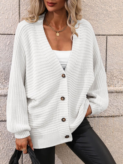 Button Down Horizontal-Ribbing Longline Cardigan-Angel Casuals