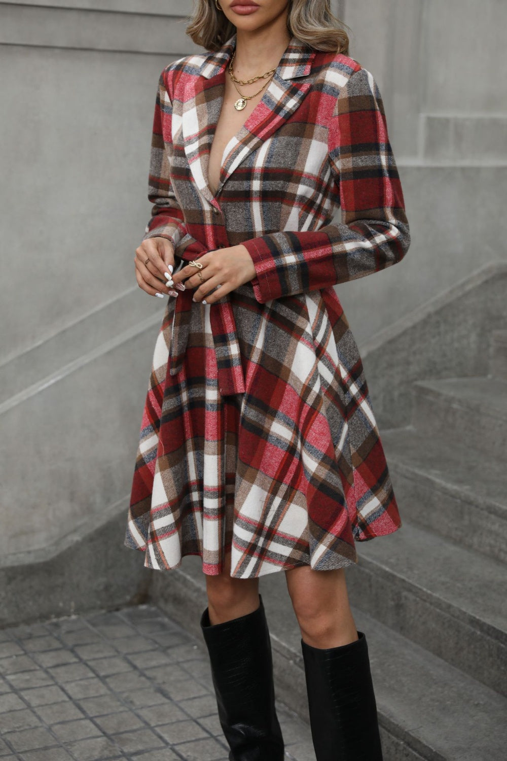 Plaid Tie Waist Long Sleeve Outerwear-Angel Casuals