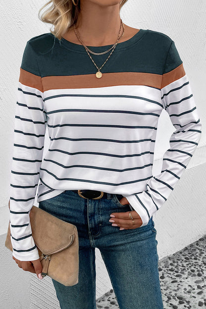 Striped Round Neck Long Sleeve T-Shirt-Angel Casuals