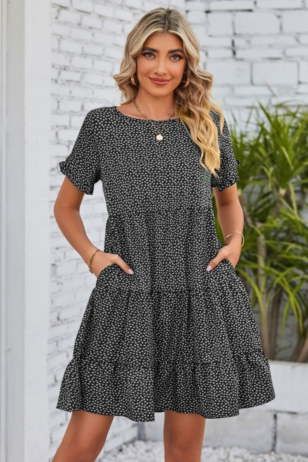 Polka Dot Round Neck Tiered Dress-Angel Casuals