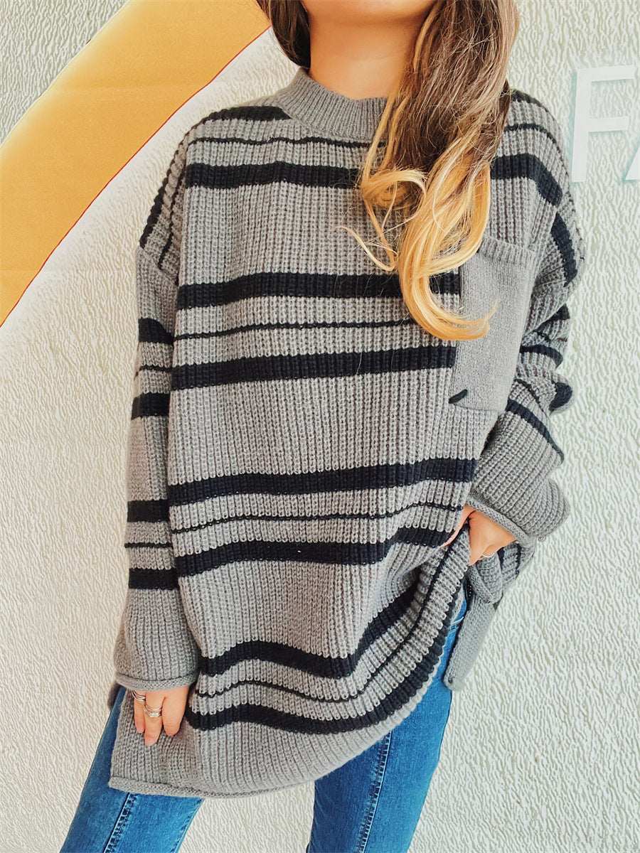 Striped Round Neck Long Sleeve Sweater-Angel Casuals