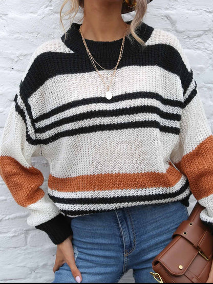 Contrast Striped Round Neck Long Sleeve Sweater-Angel Casuals