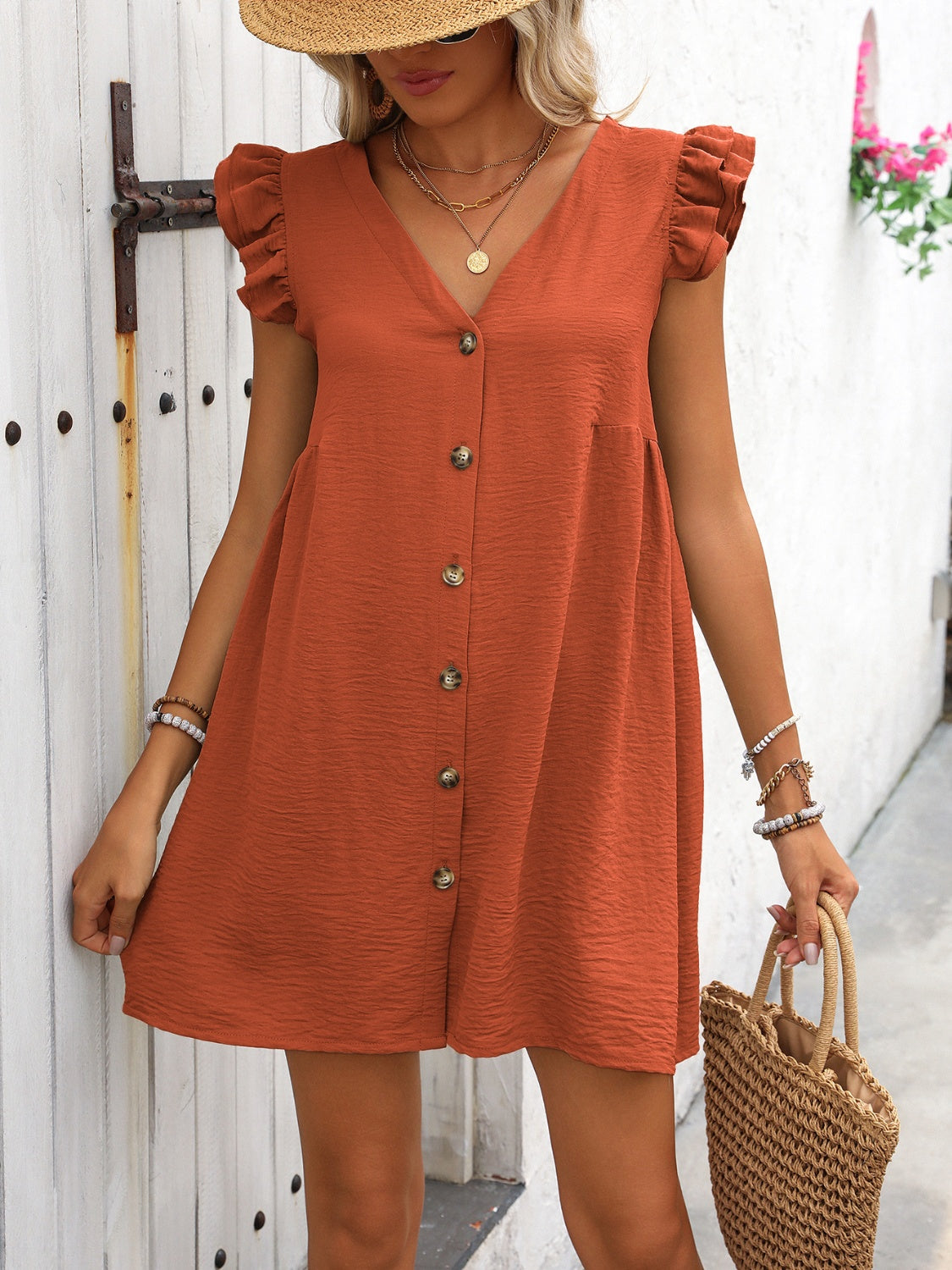 Button Up V-Neck Cap Sleeve Mini Dress-Angel Casuals