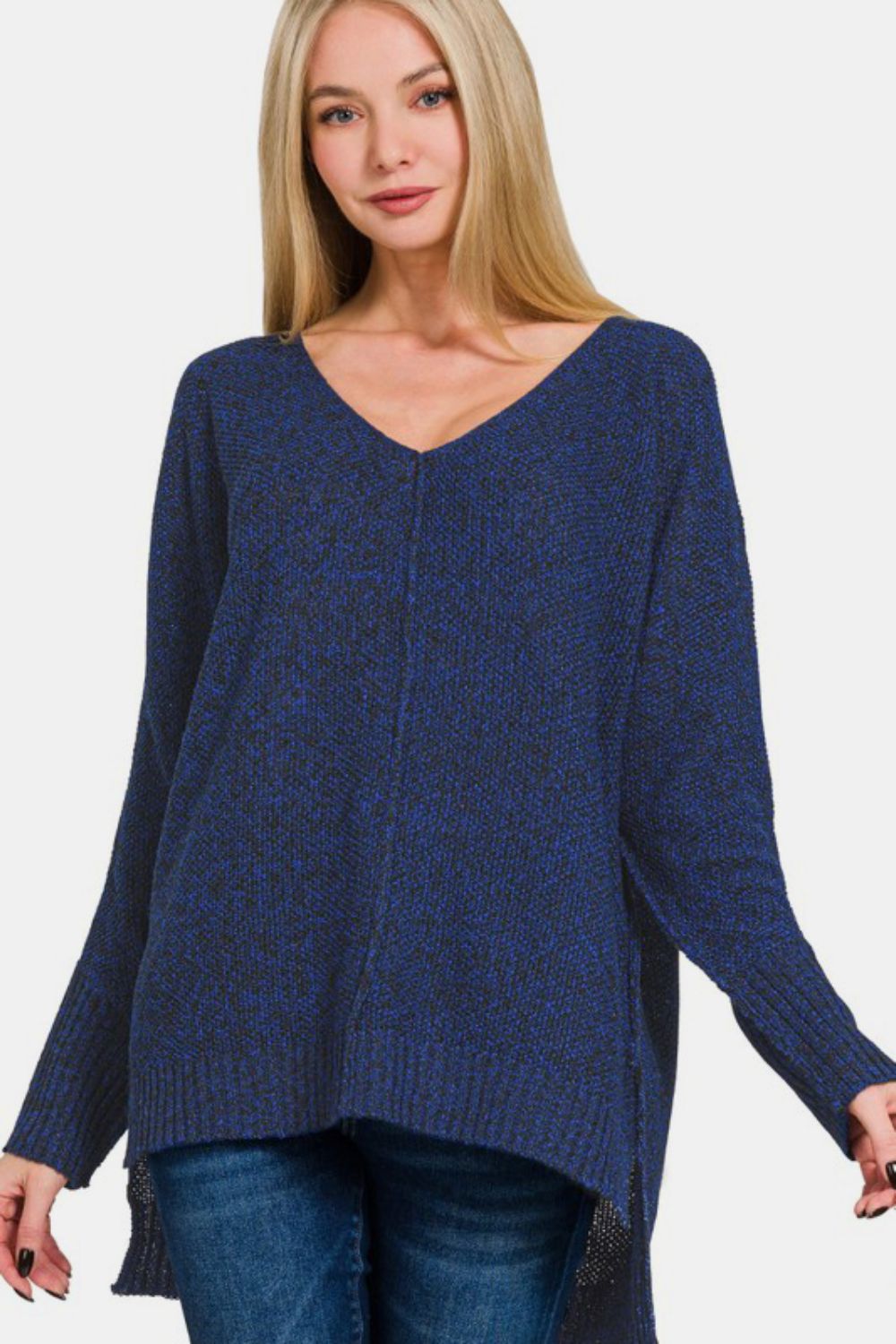 Zenana High-Low Center Seam V-Neck Sweater-Angel Casuals