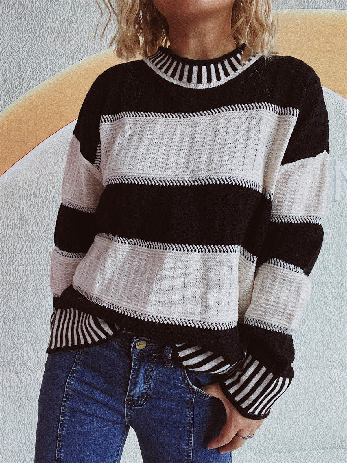 Contrast Round Neck Long Sleeve Sweater-Angel Casuals